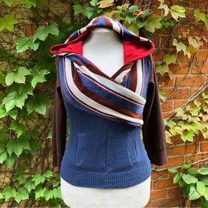 Retro Cotton Knit Sweater Upcycled Fall Blue Reb Brown Hooded Top Embody